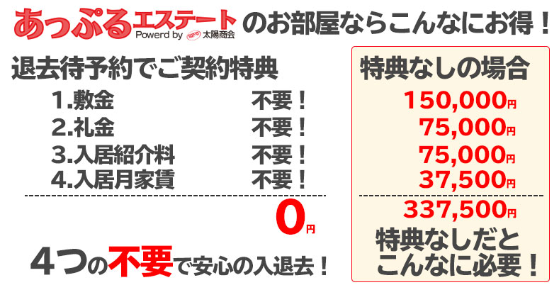 あっぷるエステートのお部屋なら「敷金・礼金。入居紹介料・入居月家賃」4つの不要で安心の入退去